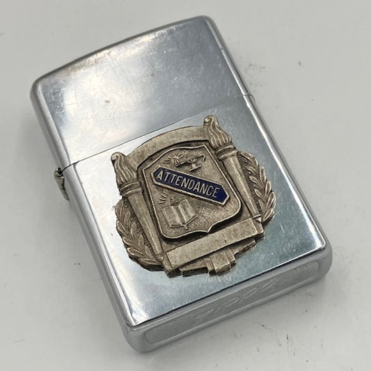 ZIPPO ジッポー ビンテージ 1977年 ATTENDANCE メタル貼り  ハイポリッシュ 中古 動作確認済み【海外直輸入USED品】