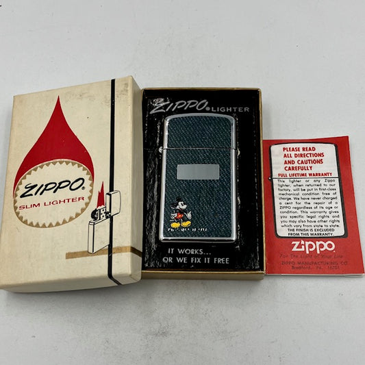 ジッポー ZIPPO ライター 1979年 ディズニー 希少なデニムのミッキーマウス スリム 化粧箱 インストラクション【海外直輸入USED品】